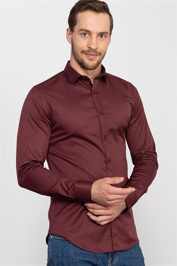 Slim Fit Uzun Kollu Likralı Düz Pamuk Saten Erkek Bordo Gömlek