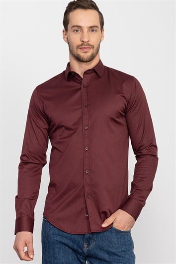 Slim Fit Uzun Kollu Likralı Düz Pamuk Saten Erkek Bordo Gömlek