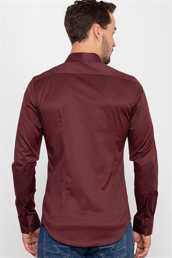 Slim Fit Uzun Kollu Likralı Düz Pamuk Saten Erkek Bordo Gömlek