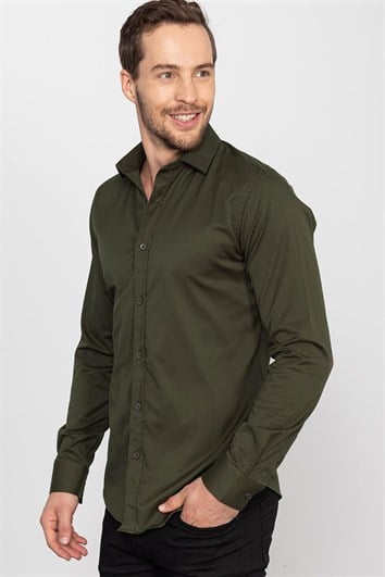 Slim Fit Uzun Kollu Likralı Düz Pamuk Saten Erkek Haki Gömlek
