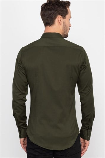 Slim Fit Uzun Kollu Likralı Düz Pamuk Saten Erkek Haki Gömlek