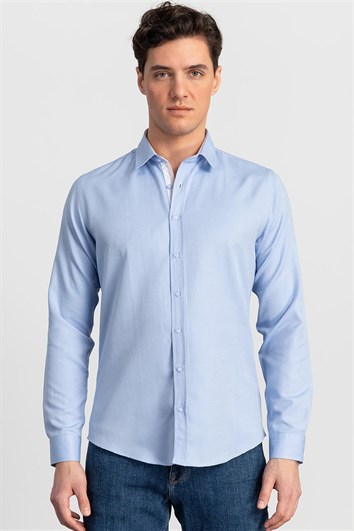 Slim Fit Uzun Kollu Pamuklu Kolay Ütü Düz Erkek Mavi Gömlek