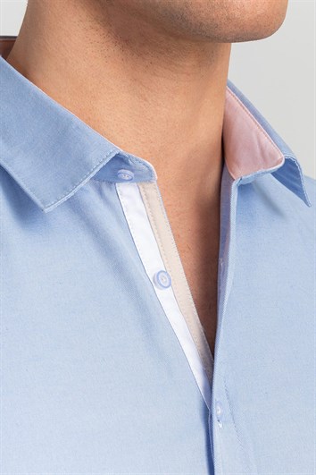 Slim Fit Uzun Kollu Pamuklu Kolay Ütü Düz Erkek Mavi Gömlek