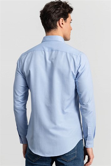 Slim Fit Uzun Kollu Pamuklu Kolay Ütü Düz Erkek Mavi Gömlek