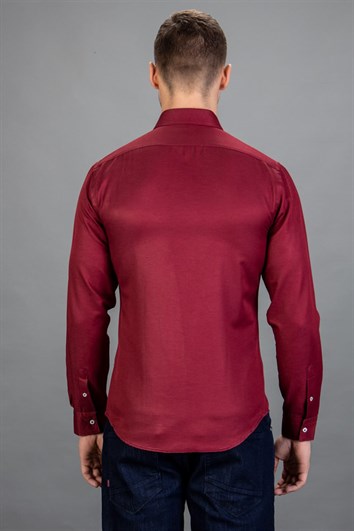 Slim Fit Uzun Kollu Oxford Spor Erkek Bordo Gömlek