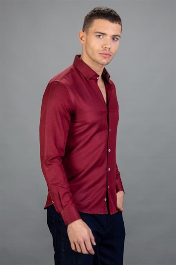Slim Fit Uzun Kollu Oxford Spor Erkek Bordo Gömlek