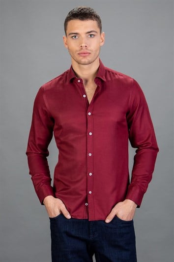 Slim Fit Uzun Kollu Oxford Spor Erkek Bordo Gömlek