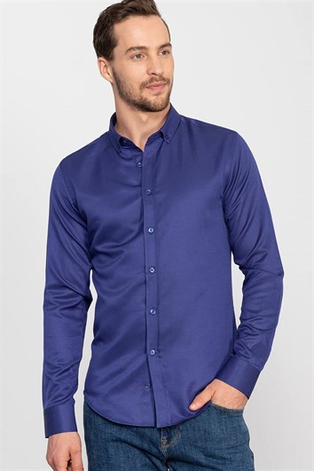 Slim Fit Uzun Kollu Düğmeli Yaka Pamuklu Kolay Ütü Düz Erkek Gömlek