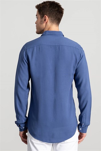 Slim Fit Uzun Kollu Dar Kesim Rahat Kullanım Düz Viskon Erkek Mavi Gömlek