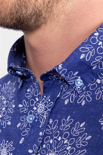 Erkek Slim Fit Dar Kesim Uzun Kollu %100 Pamuk Keten Doku Baskılı Sax Mavi Gömlek