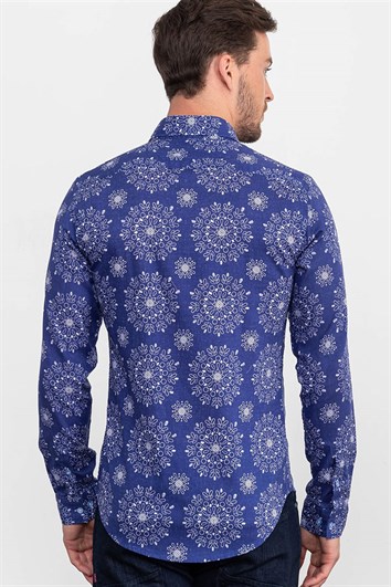 Erkek Slim Fit Dar Kesim Uzun Kollu %100 Pamuk Keten Doku Baskılı Sax Mavi Gömlek