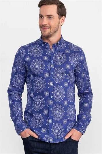 Erkek Slim Fit Dar Kesim Uzun Kollu %100 Pamuk Keten Doku Baskılı Sax Mavi Gömlek