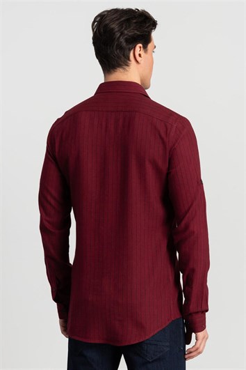 Slim Fit Uzun Kollu Çizgili Viskon Erkek Bordo Gömlek