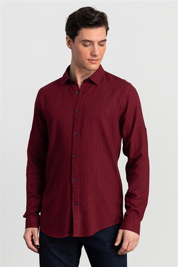 Slim Fit Uzun Kollu Çizgili Viskon Erkek Bordo Gömlek