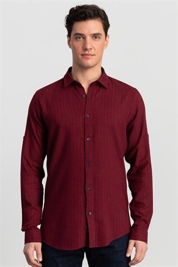 Slim Fit Uzun Kollu Çizgili Viskon Erkek Bordo Gömlek
