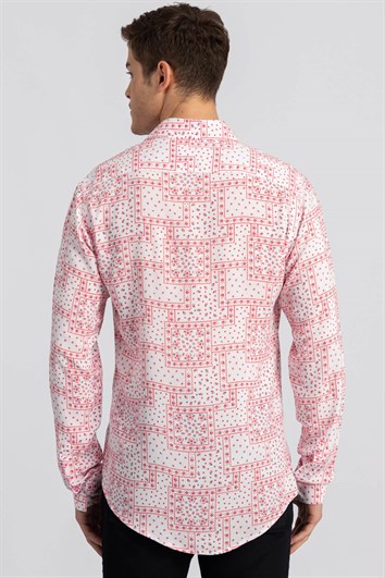 Slim Fit Uzun Kollu Rahat Kullanım Baskılı Viskon Erkek Beyaz Gömlek