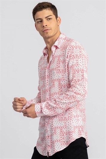 Slim Fit Uzun Kollu Rahat Kullanım Baskılı Viskon Erkek Beyaz Gömlek