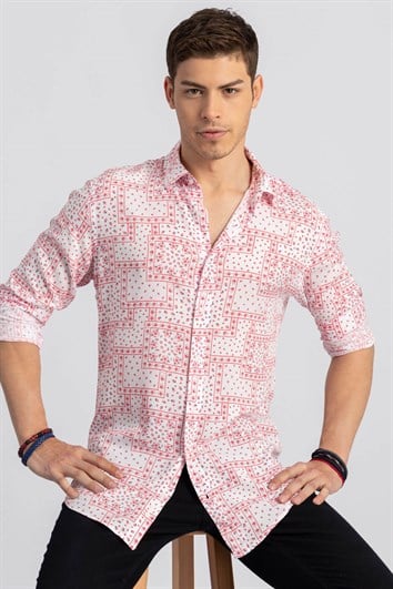 Slim Fit Uzun Kollu Rahat Kullanım Baskılı Viskon Erkek Beyaz Gömlek