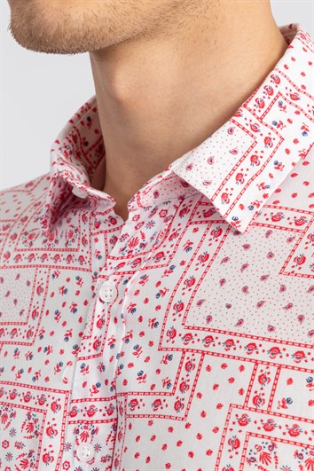 Slim Fit Uzun Kollu Rahat Kullanım Baskılı Viskon Erkek Beyaz Gömlek