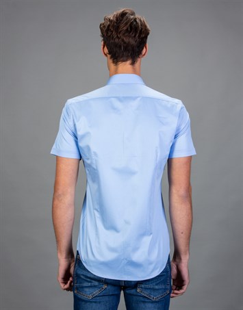 Slim Fit Kısa Kollu Düz Erkek Mavi Gömlek