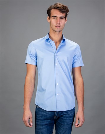 Slim Fit Kısa Kollu Düz Erkek Mavi Gömlek