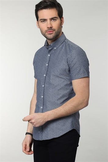 Slim Fit Kısa Kollu Desenli Erkek Mavi Gömlek