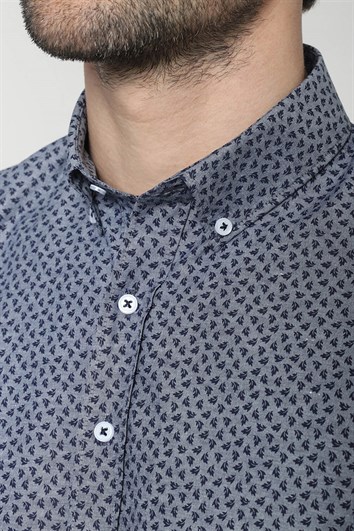 Slim Fit Kısa Kollu Desenli Erkek Mavi Gömlek