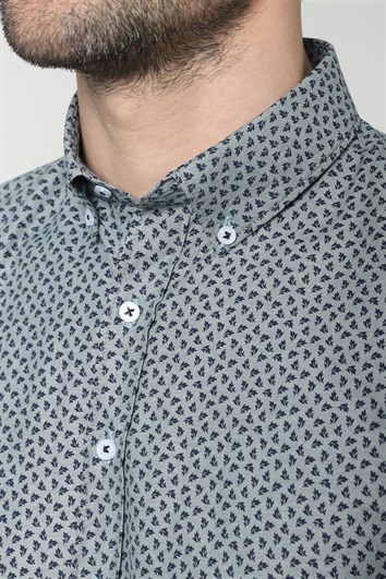 Slim Fit Kısa Kollu Desenli Erkek Mint Gömlek