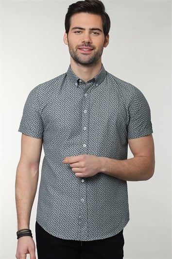 Slim Fit Kısa Kollu Desenli Erkek Mint Gömlek