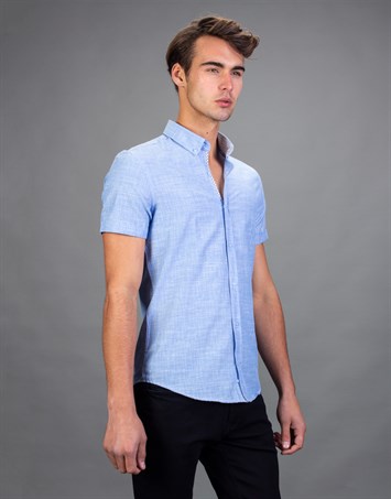Slim Fit Kısa Kollu Spor Erkek Mavi Gömlek