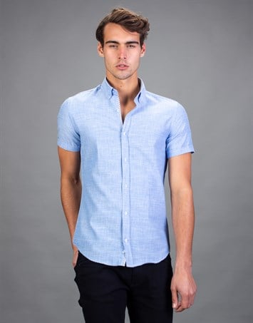 Slim Fit Kısa Kollu Spor Erkek Mavi Gömlek