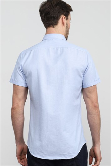 Slim Fit Kısa Kollu Poplin Oxford Erkek Mavi Gömlek