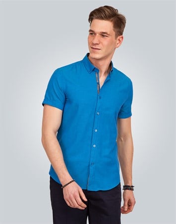 Erkek Slim Fit Dar Kesim Kısa Kollu Pamuklu Oxford Doku Turkuaz Düğmeli Yaka Gömlek