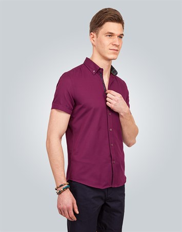 Erkek Slim Fit Dar Kesim Kısa Kollu Pamuklu Oxford Doku Kolay Ütülenebilir Bordo Düğmeli Yaka Gömlek