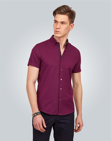 Erkek Slim Fit Dar Kesim Kısa Kollu Pamuklu Oxford Doku Kolay Ütülenebilir Bordo Düğmeli Yaka Gömlek