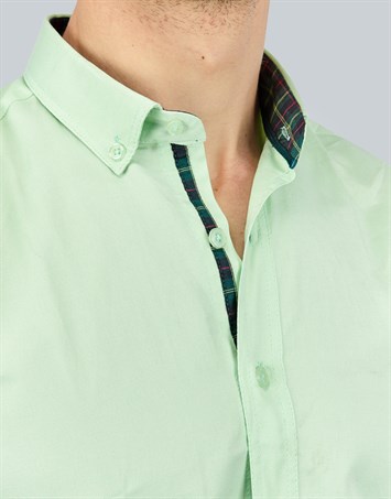 Erkek Slim Fit Dar Kesim Kısa Kollu Pamuklu Oxford Doku Kolay Ütülenebilir Yeşil Düğmeli Yaka Gömlek