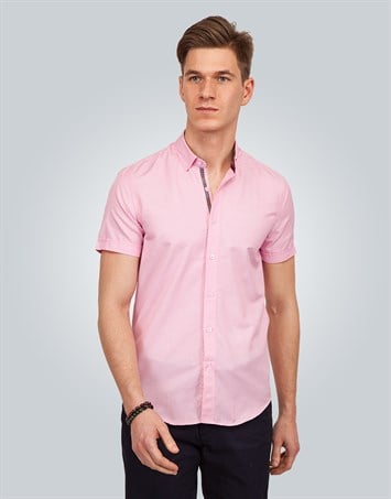 Erkek Slim Fit Dar Kesim Kısa Kollu Pamuklu Oxford Doku Kolay Ütülenebilir Pembe Düğmeli Yaka Gömlek