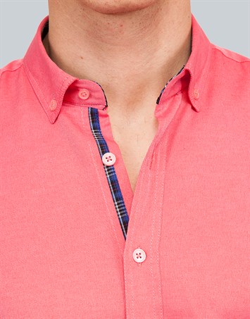 Erkek Slim Fit Dar Kesim Kısa Kollu Pamuklu Oxford Doku Kolay Ütülenebilir Pembe Düğmeli Yaka Gömlek