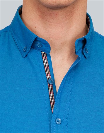 Erkek Slim Fit Dar Kesim Kısa Kollu Pamuklu Oxford Doku Turkuaz Düğmeli Yaka Gömlek
