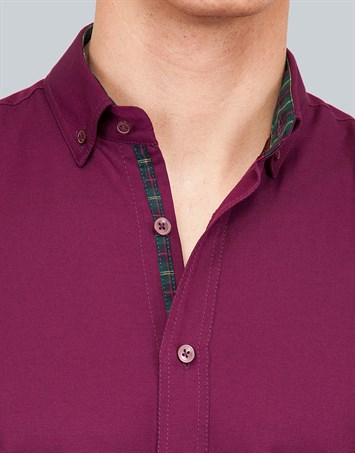 Erkek Slim Fit Dar Kesim Kısa Kollu Pamuklu Oxford Doku Kolay Ütülenebilir Bordo Düğmeli Yaka Gömlek