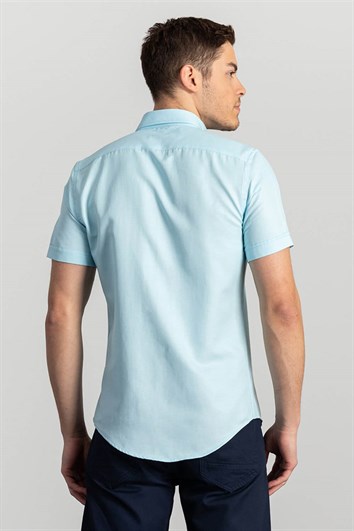 Erkek Slim Fit Dar Kesim Kısa Kollu Pamuklu Oxford Doku Turkuaz Düğmeli Yaka Gömlek