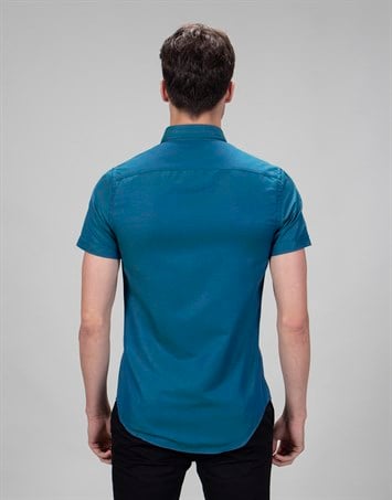 Erkek Slim Fit Dar Kesim Kısa Kollu Pamuklu Oxford Doku Petrol Renk Düğmeli Yaka Gömlek