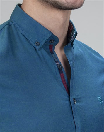 Erkek Slim Fit Dar Kesim Kısa Kollu Pamuklu Oxford Doku Petrol Renk Düğmeli Yaka Gömlek
