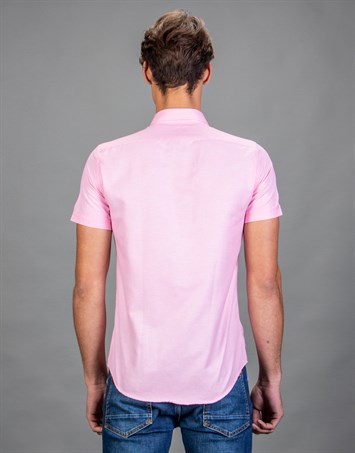 Erkek Slim Fit Dar Kesim Kısa Kollu Pamuklu Oxford Doku Kolay Ütülenebilir Pembe Düğmeli Yaka Gömlek
