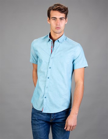 Erkek Slim Fit Dar Kesim Kısa Kollu Pamuklu Oxford Doku Petrol Renk Düğmeli Yaka Gömlek