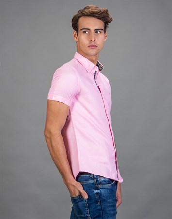 Erkek Slim Fit Dar Kesim Kısa Kollu Pamuklu Oxford Doku Kolay Ütülenebilir Pembe Düğmeli Yaka Gömlek