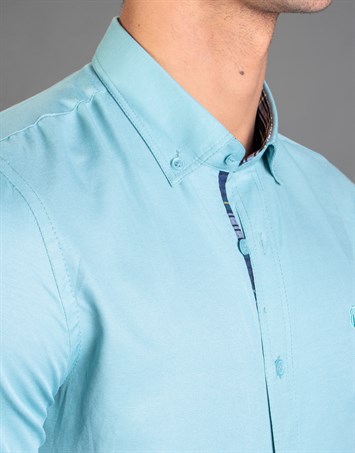 Erkek Slim Fit Dar Kesim Kısa Kollu Pamuklu Oxford Doku Kolay Ütülenebilir Yeşil Düğmeli Yaka Gömlek