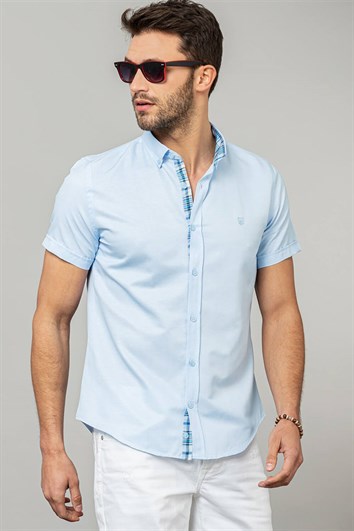 Erkek Slim Fit Dar Kesim Kısa Kollu Pamuklu Oxford Doku Kolay Ütülenebilir Mavi Düğmeli Yaka Gömlek