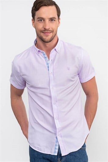 Erkek Slim Fit Dar Kesim Kısa Kollu Pamuklu Oxford Doku Kolay Ütülenebilir Pembe Düğmeli Yaka Gömlek