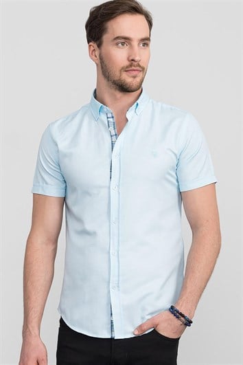 Erkek Slim Fit Dar Kesim Kısa Kollu Pamuklu Oxford Doku Turkuaz Düğmeli Yaka Gömlek